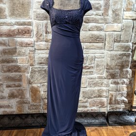 Betsy & Adam Navy Gown with Lace and Sequin Bodice, Size 6