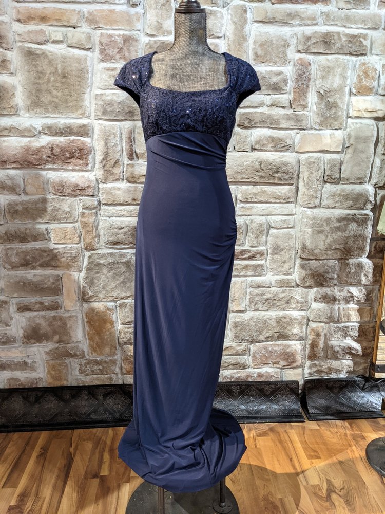 Betsy & Adam Navy Gown with Lace and Sequin Bodice, Size 6