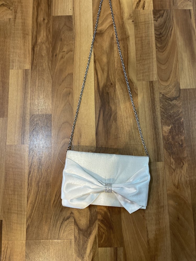 Badgley Mischka White Satin Badgley Mischka Blinged Bow Clutch