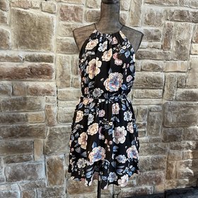 Aqua Black Tiered Sundress with Multi-Colored Flowers, Size L