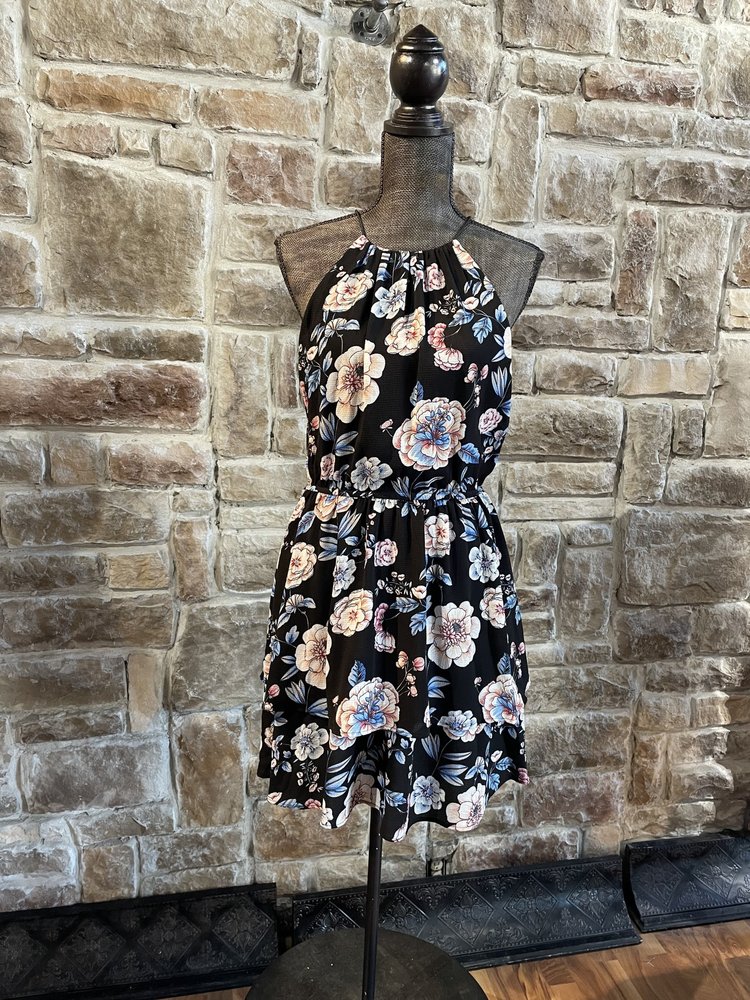 Aqua Black Tiered Sundress with Multi-Colored Flowers, Size L