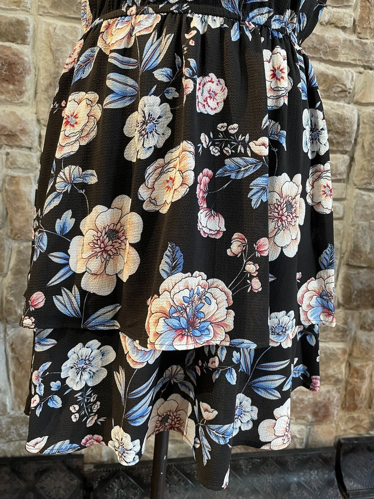Aqua Black Tiered Sundress with Multi-Colored Flowers, Size L