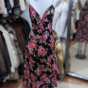 Aqua Black with Pink Floral Ruffled Dress