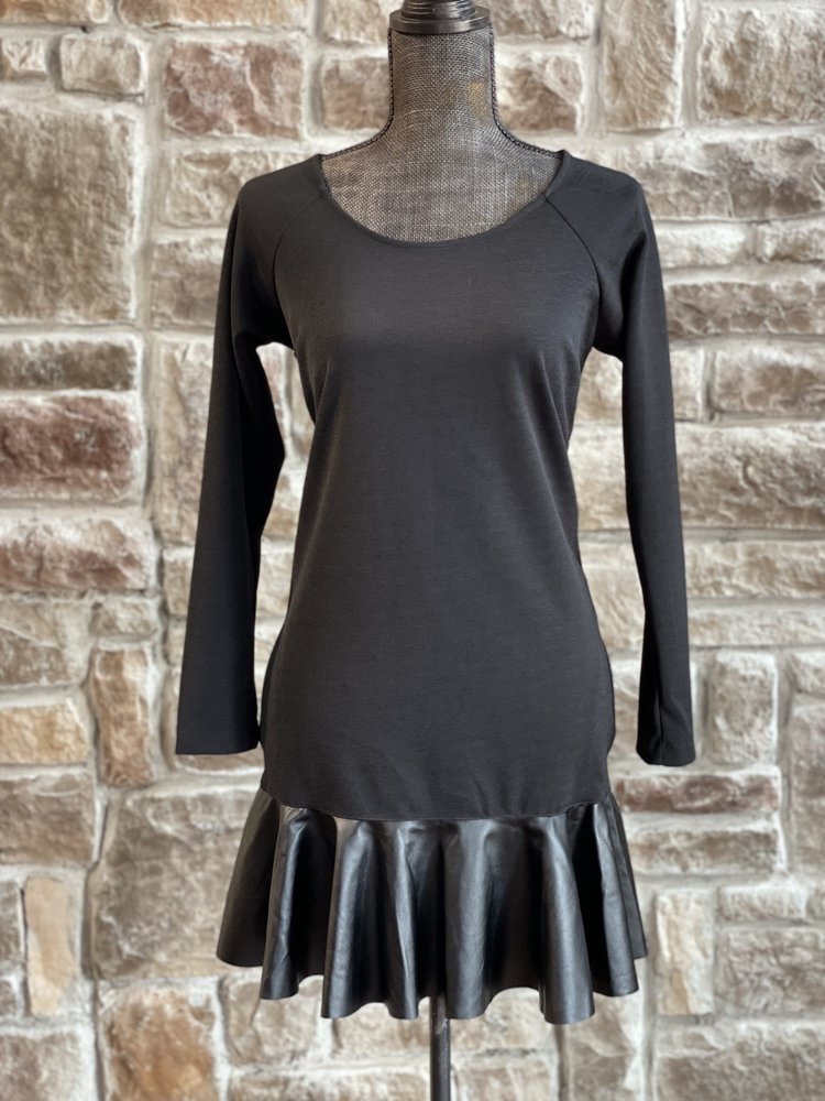 Aqua Black Faux Leather Trim Dress