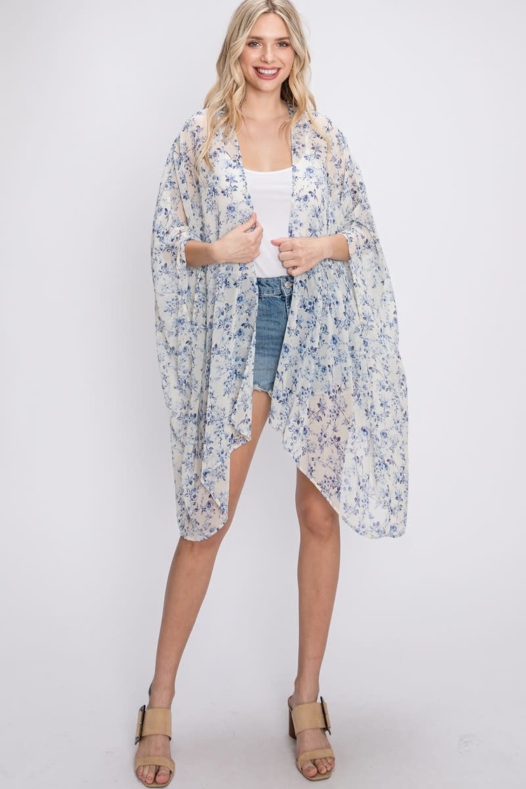 GeeGee White and Blue Sheer Floral Kimono