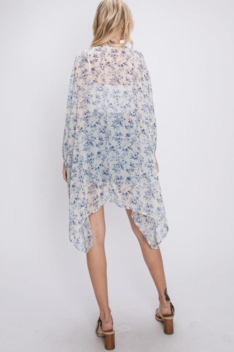 GeeGee White and Blue Sheer Floral Kimono