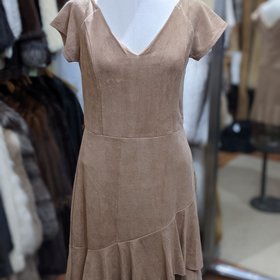 Aqua Taupe Faux Suede Dress with Flounce Hem, Size L