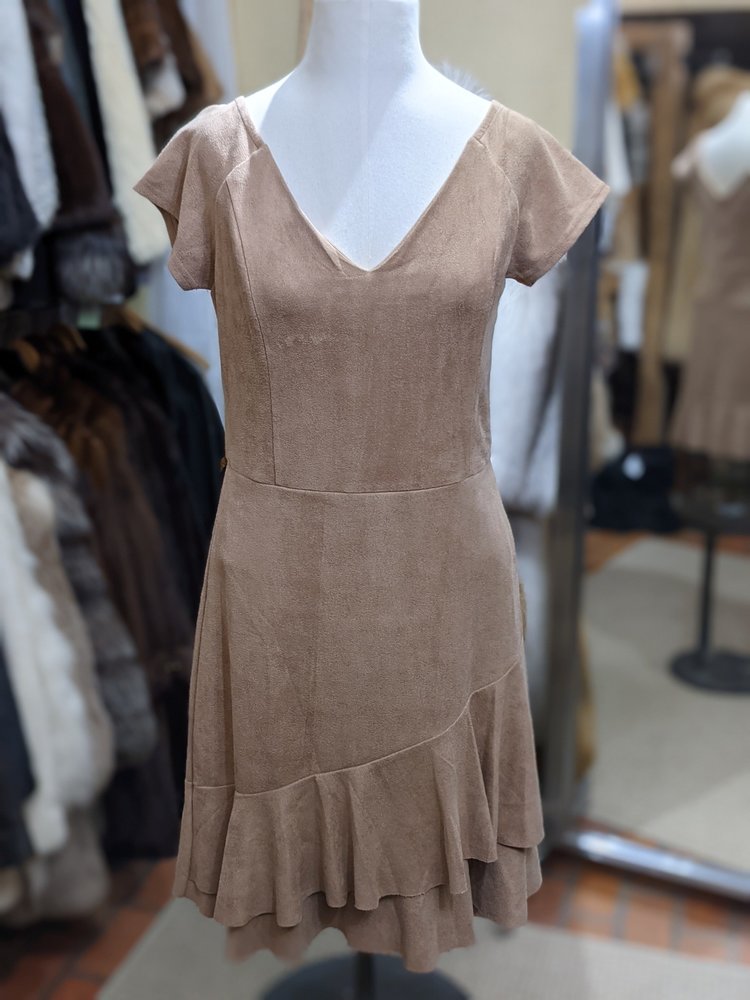 Aqua Taupe Faux Suede Dress with Flounce Hem, Size L