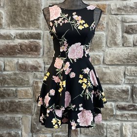 B Darlin Black Floral Dress with Tiered Skirt, Size 1/2