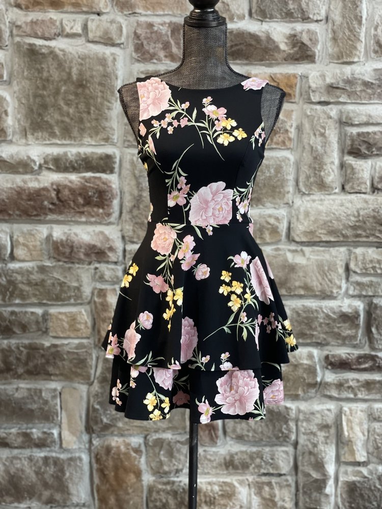 B Darlin Black Floral Dress with Tiered Skirt, Size 1/2