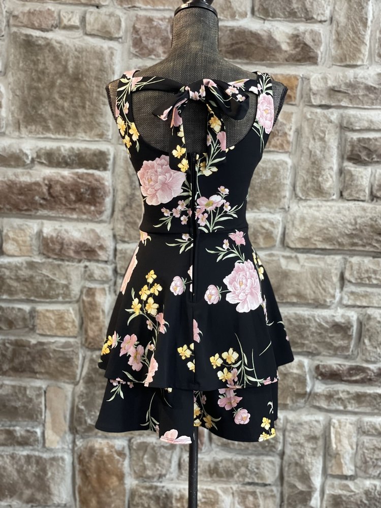 B Darlin Black Floral Dress with Tiered Skirt, Size 1/2