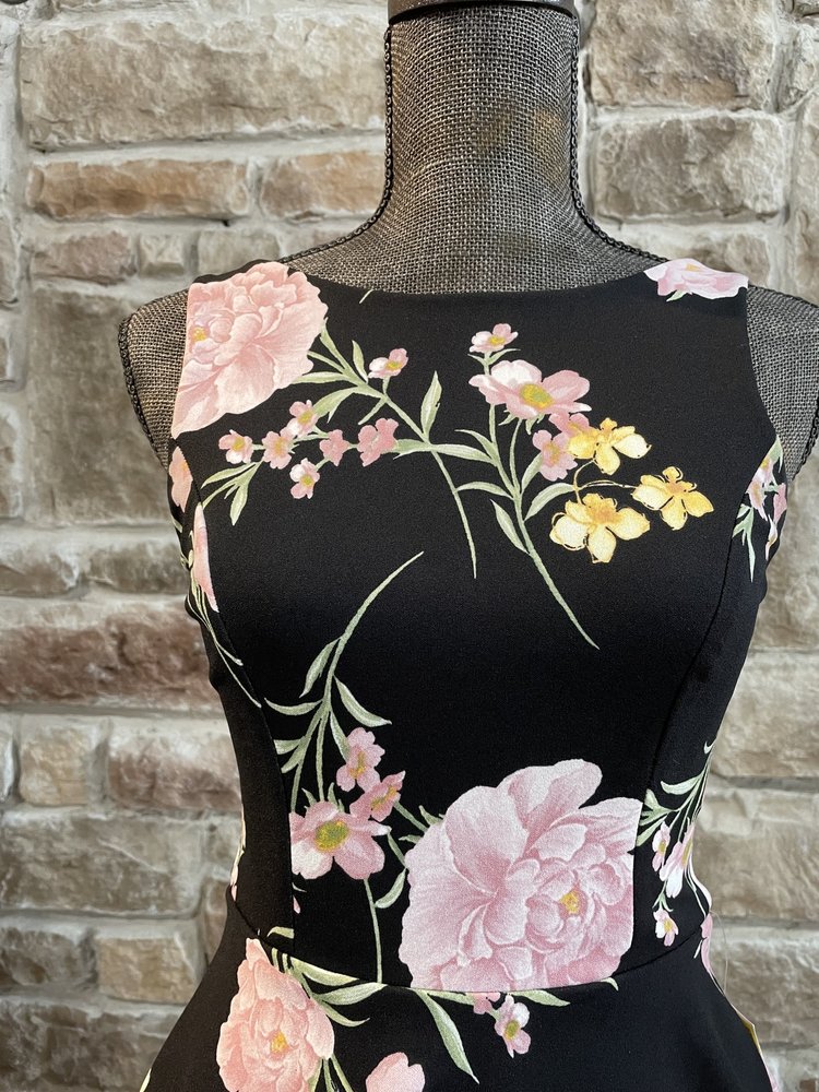 B Darlin Black Floral Dress with Tiered Skirt, Size 1/2