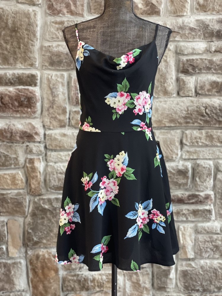 B Darlin Black Drape Neck Floral Sundress