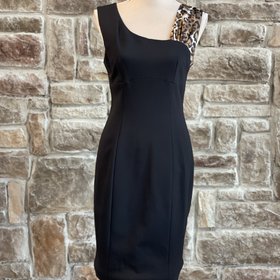 Caché Black Sheath with Animal Print Accent, Size 8