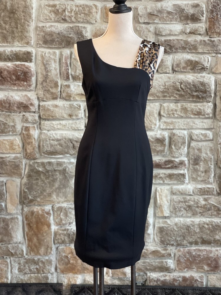 Caché Black Sheath with Animal Print Accent, Size 8