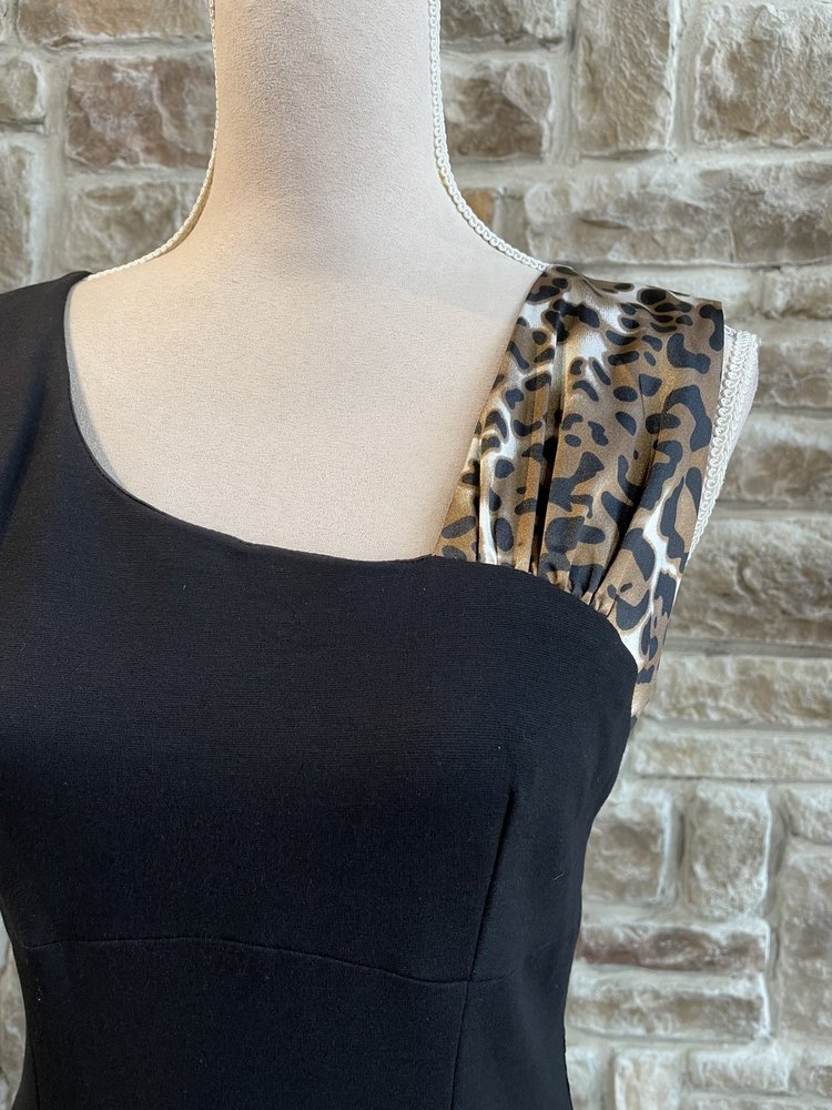 Caché Black Sheath with Animal Print Accent, Size 8
