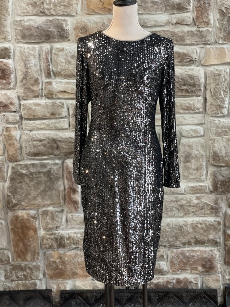 Xscape Gray Sequin Long SLeeve Dress, Size 14