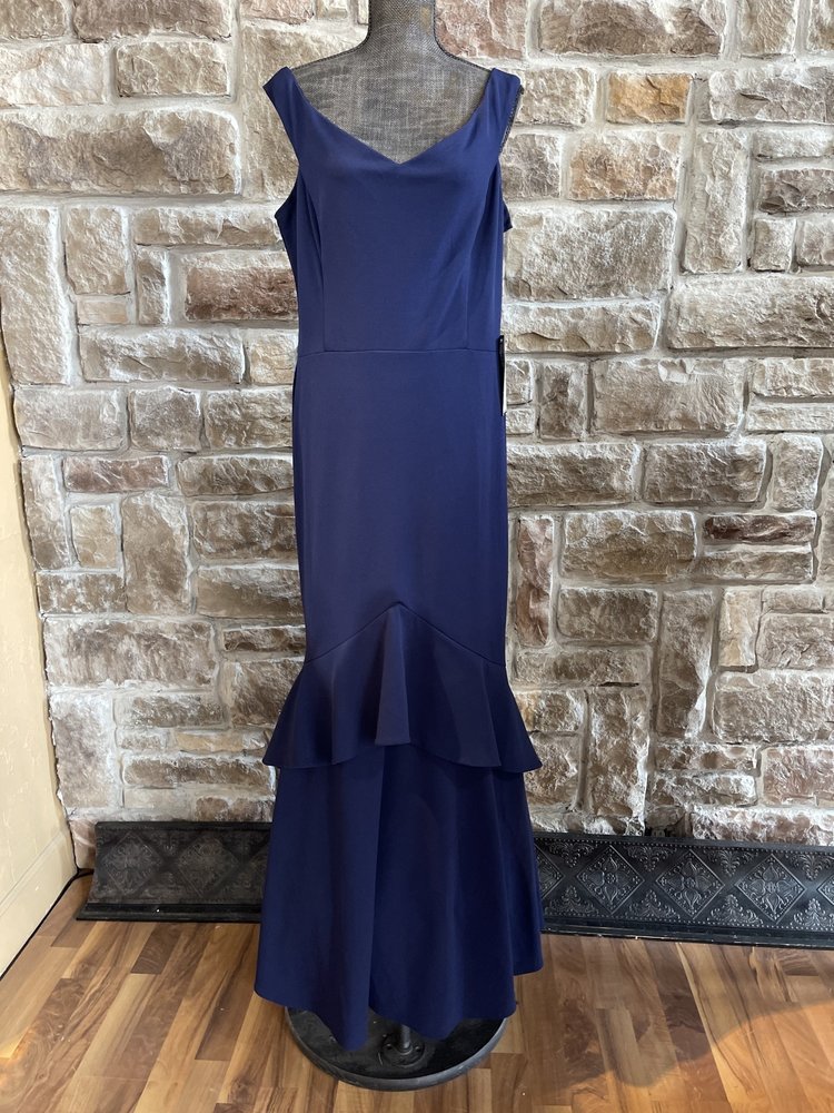 Betsy & Adam Navy  Sleeveless Bell Ruffle Gown, Size 18W