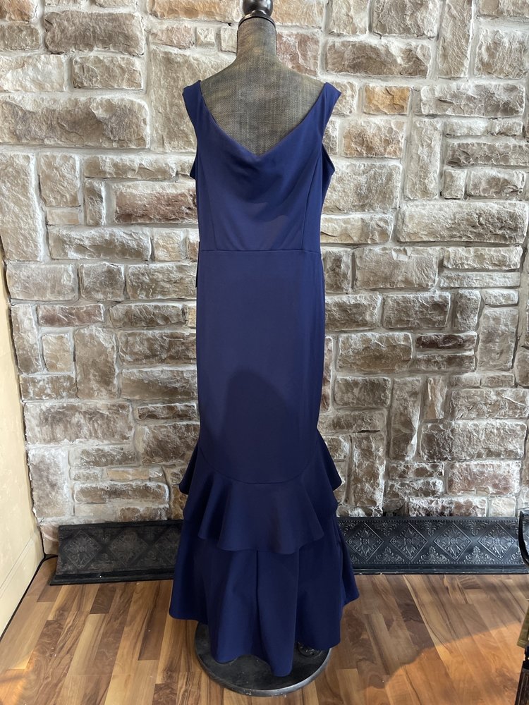 Betsy & Adam Navy  Sleeveless Bell Ruffle Gown, Size 18W