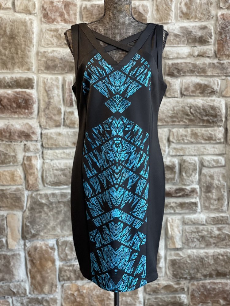 Thalia Sodi Black and Blue Patterned Dress, Size XL