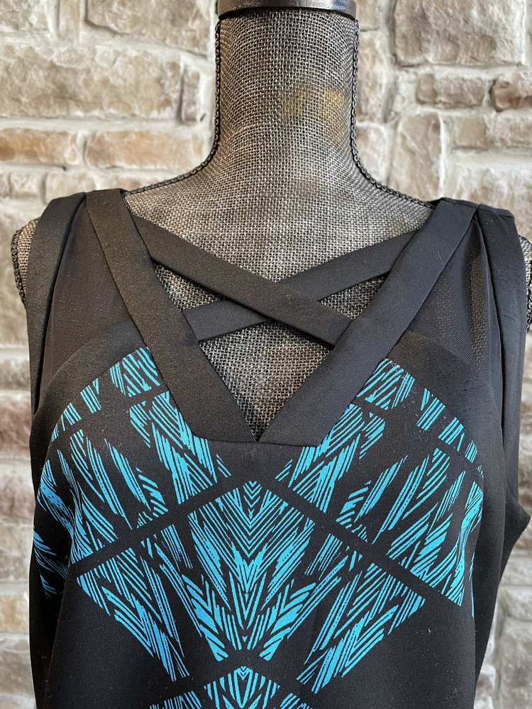 Thalia Sodi Black and Blue Patterned Dress, Size XL