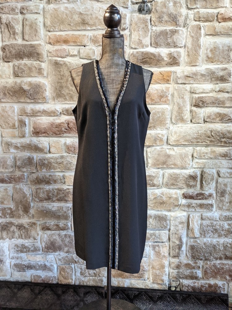 Donna Ricco Black V-Neck Beaded Sheath