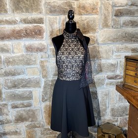 Betsey Johnson Black Sequin Halter Dress with Tie Neck