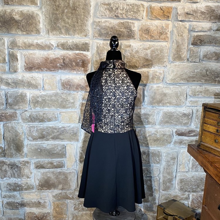 Betsey Johnson Black Sequin Halter Dress with Tie Neck