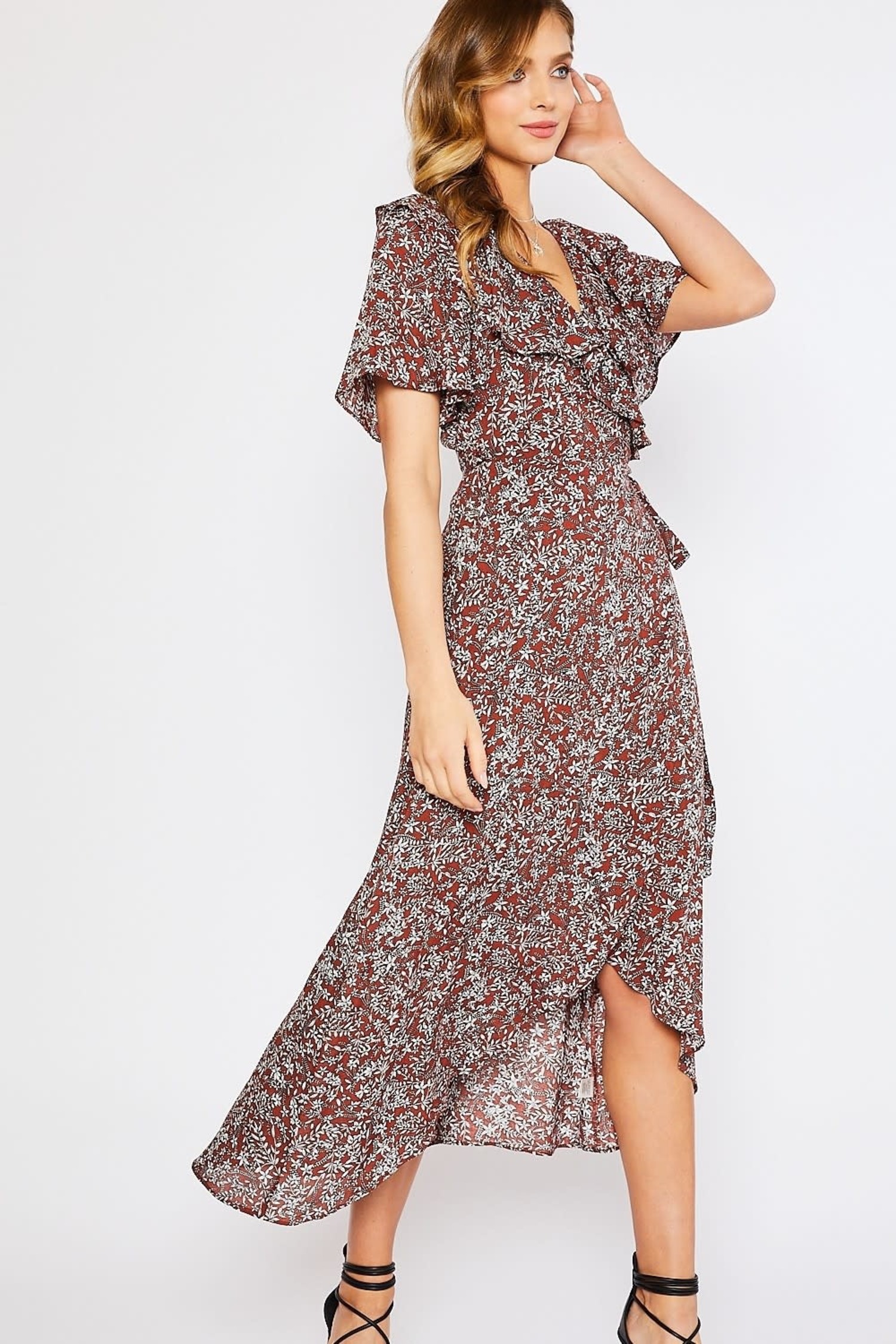 Clay Brown Floral Wrap Dress with Ruffle Detail - Elements Unleashed