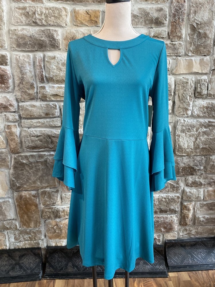 Isaac Mizrahi Teal Green Tiered Bell Sleeve Dress, Size M