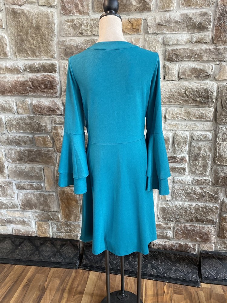 Isaac Mizrahi Teal Green Tiered Bell Sleeve Dress, Size M