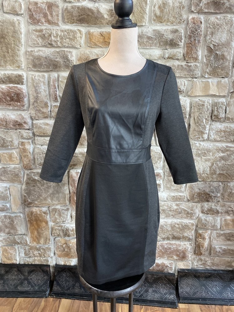 BCBG Max Azria Heathered Dark Gray Bodycon Dress with Faux Leather, Size M