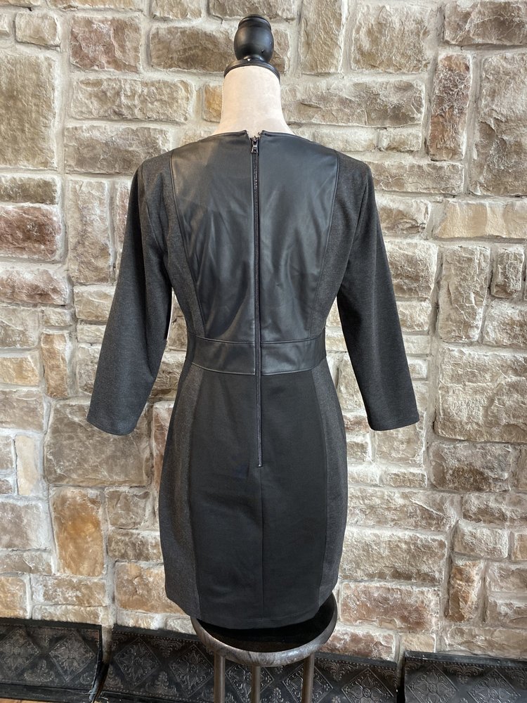 BCBG Max Azria Heathered Dark Gray Bodycon Dress with Faux Leather, Size M