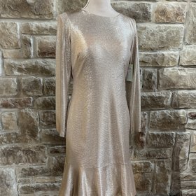 Nightway Metallic Gold Flounce Hem Dress, Size 12