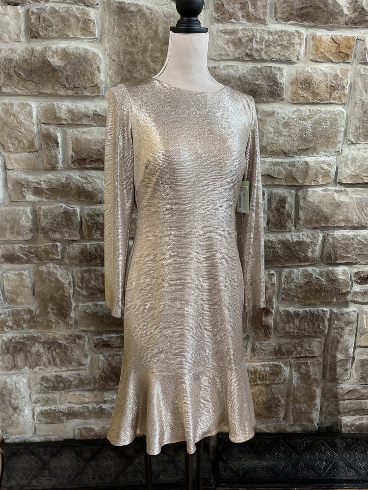 Nightway Metallic Gold Flounce Hem Dress, Size 12