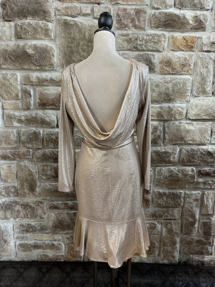 Nightway Metallic Gold Flounce Hem Dress, Size 12