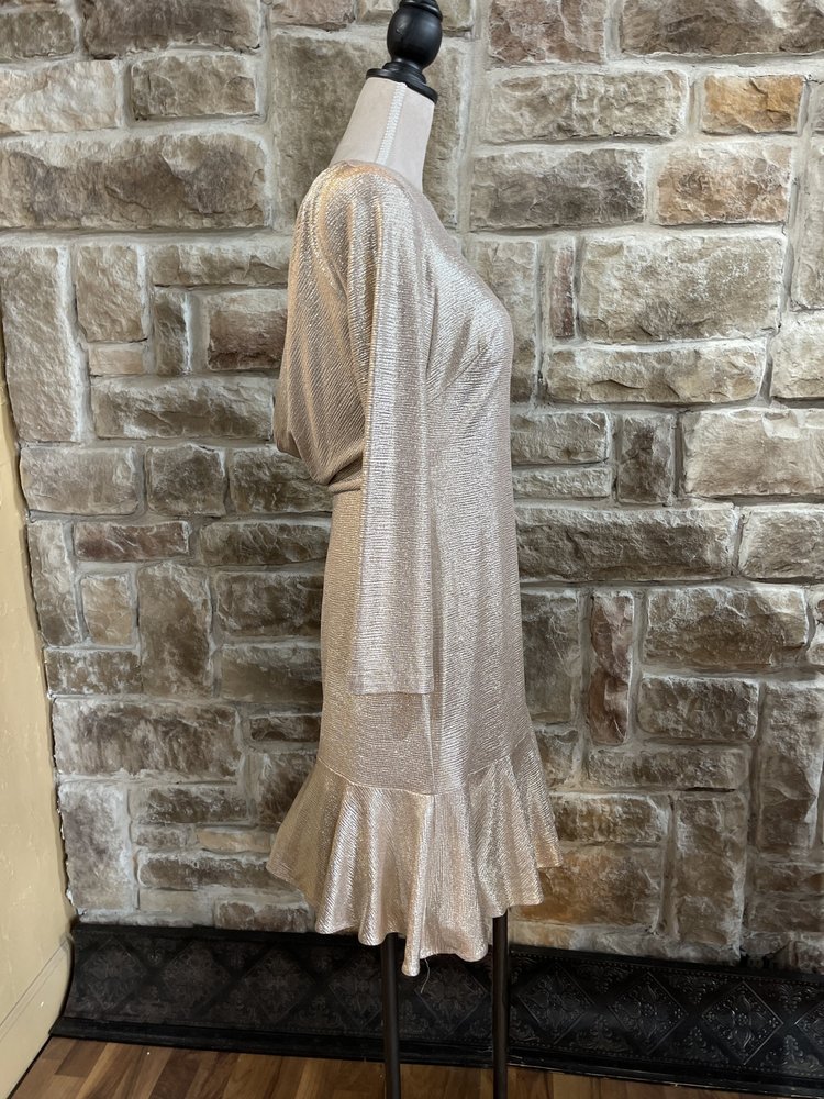 Nightway Metallic Gold Flounce Hem Dress, Size 12