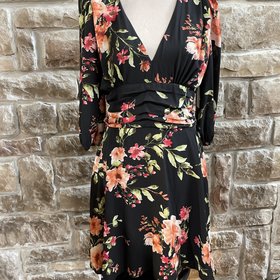 Aqua Black Floral A-Line Dress with Ruched Waist, Size L