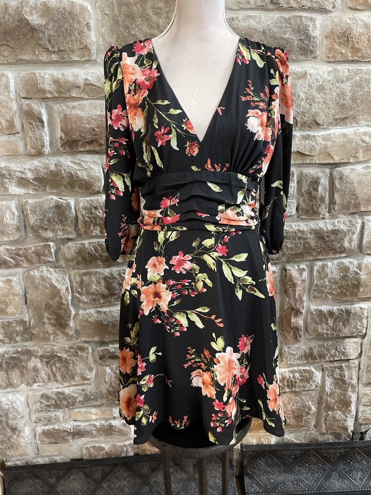 Aqua Black Floral A-Line Dress with Ruched Waist, Size L