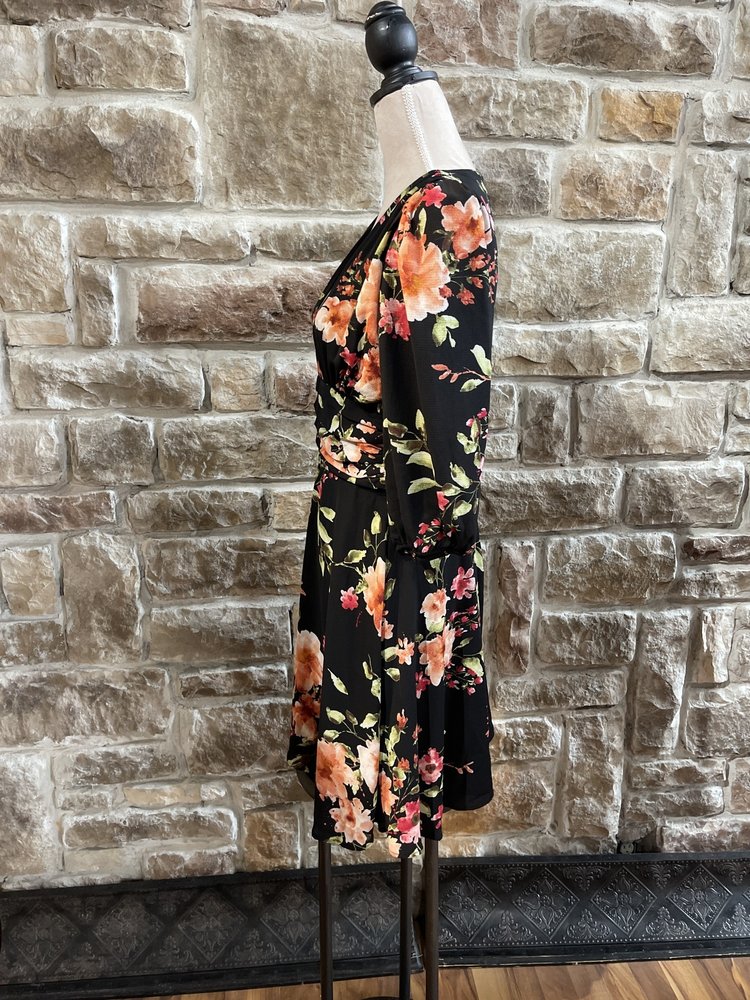 Aqua Black Floral A-Line Dress with Ruched Waist, Size L