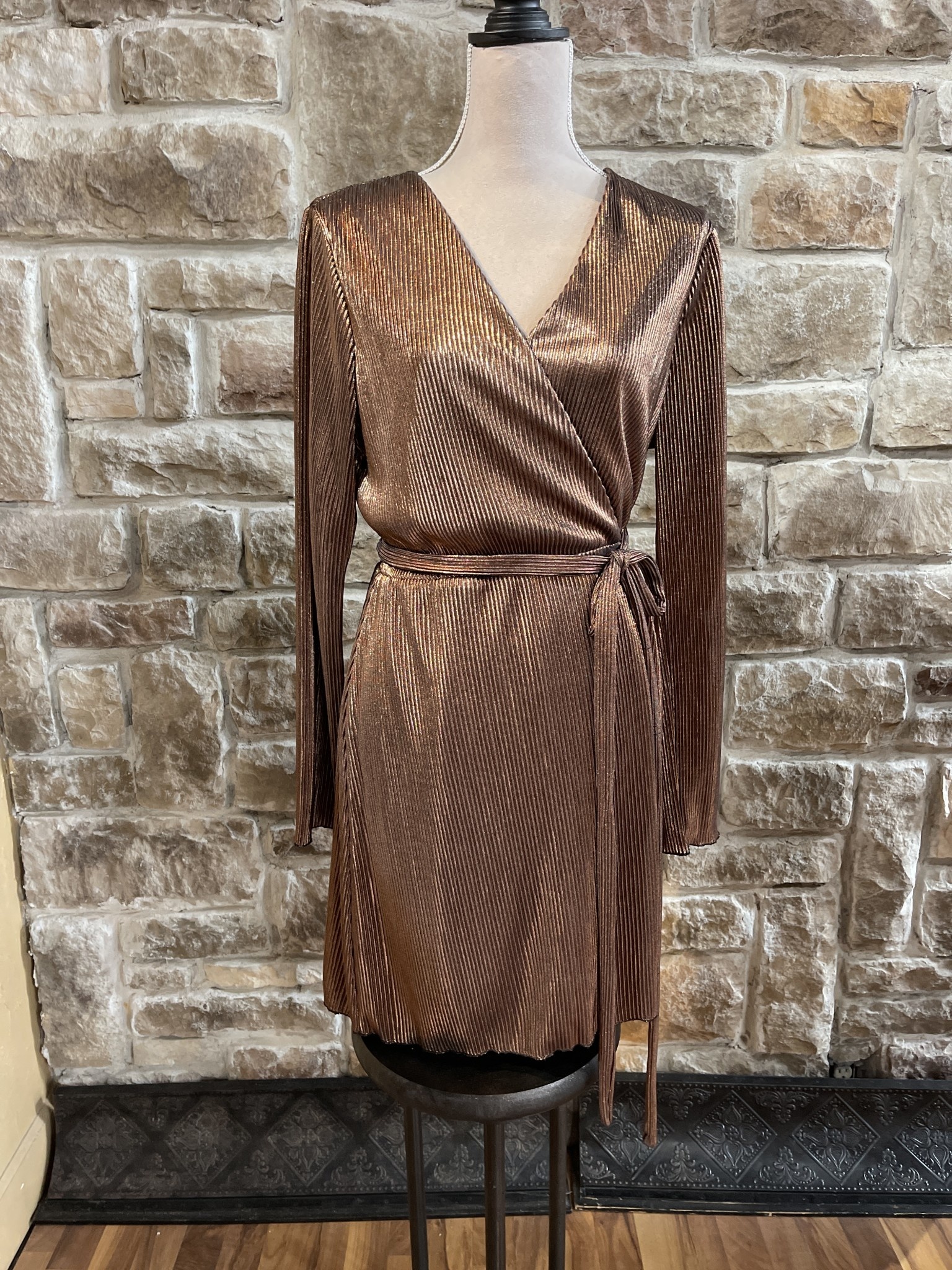 Metallic Bronze Wrap Dress, Size L ...