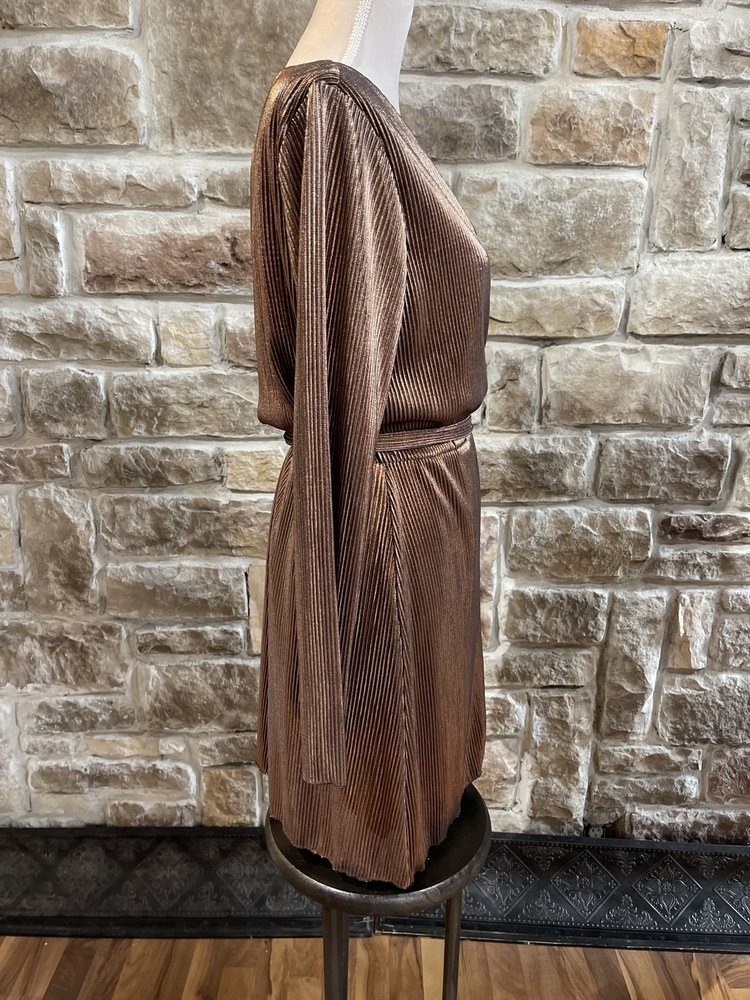 Leyden Metallic Bronze Wrap Dress, Size L