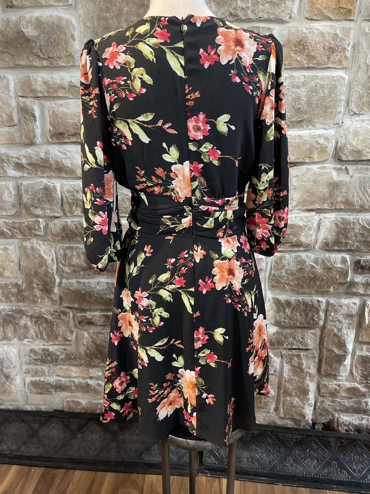 Aqua Black Floral A-Line Dress with Ruched Waist, Size L