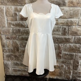Aqua White A-Line Dress with Scalloped Neckline, Size L