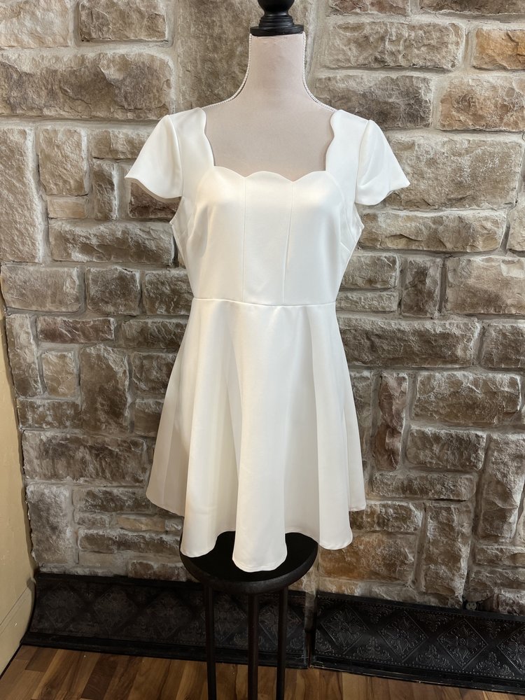 Aqua White A-Line Dress with Scalloped Neckline, Size L