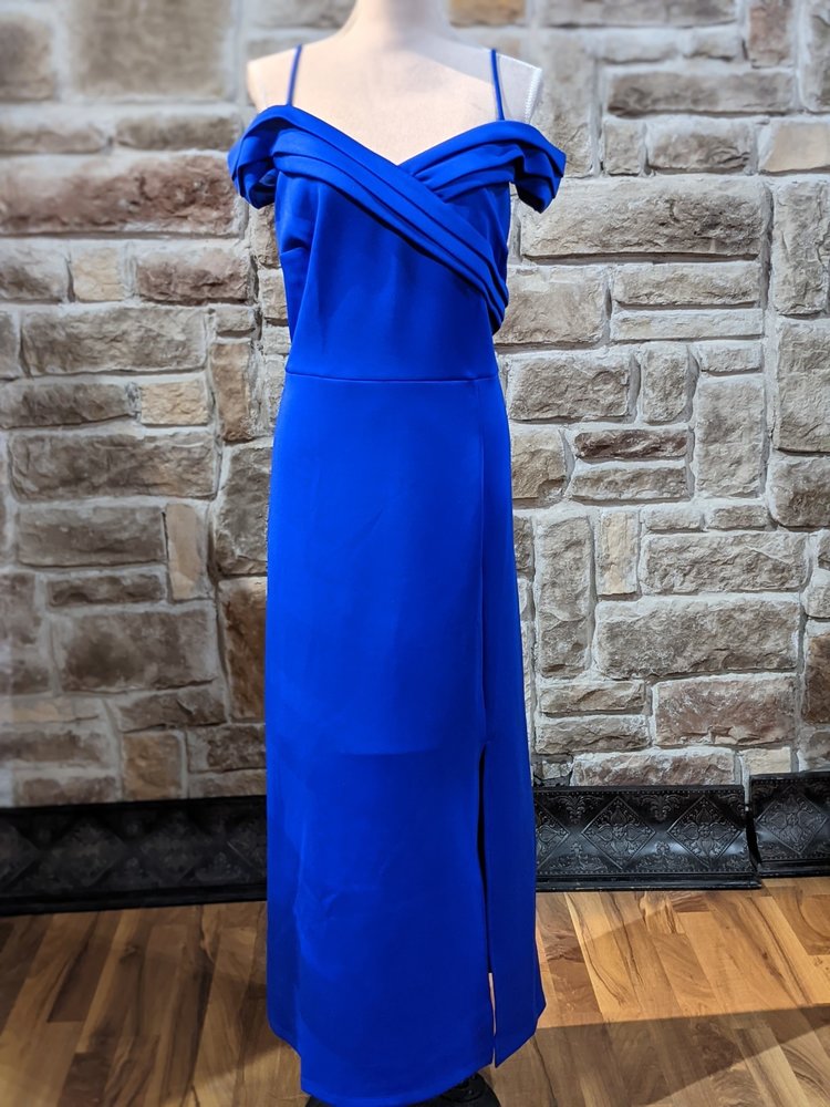 En Focus Cobalt Blue Gown with Portrait Collar, Size 18W