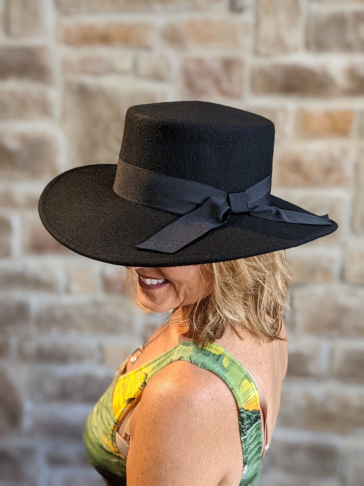 Black Bolero Hat w/Wide Grosgrain Ribbon, Adjustable OSFM