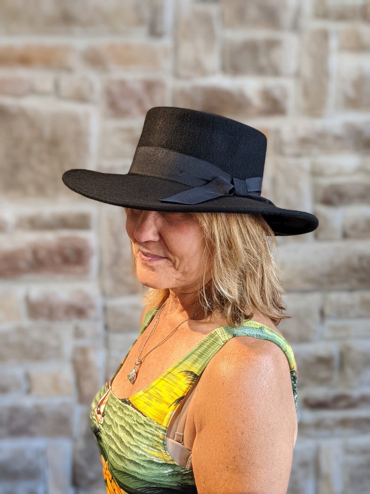 Black Bolero Hat w/Wide Grosgrain Ribbon, Adjustable OSFM