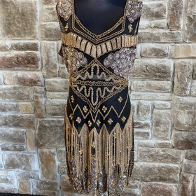 Unique Vintage Gold and Black Illusion Beaded Flapper Dress, Size XL