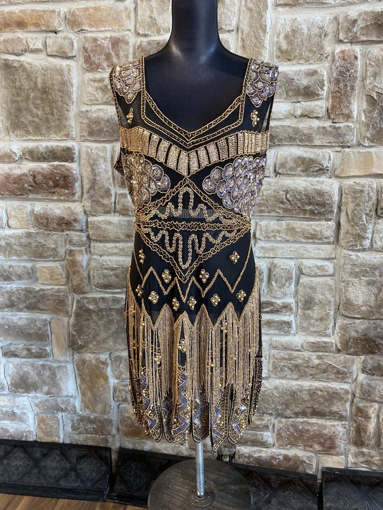 Unique Vintage Gold and Black Illusion Beaded Flapper Dress, Size XL